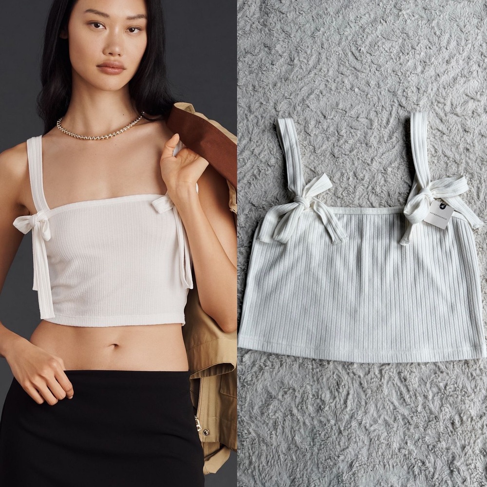 By Anthropologie‎ Ribbed Bow Knit Tank Top White Ivory Crop Camisole Size M NEW